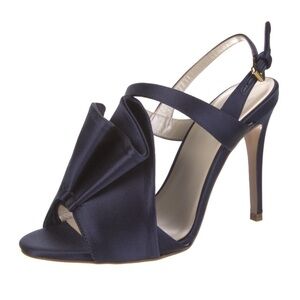 Delpozo Raso Ruffle Satin Slingback Sandals in Navy